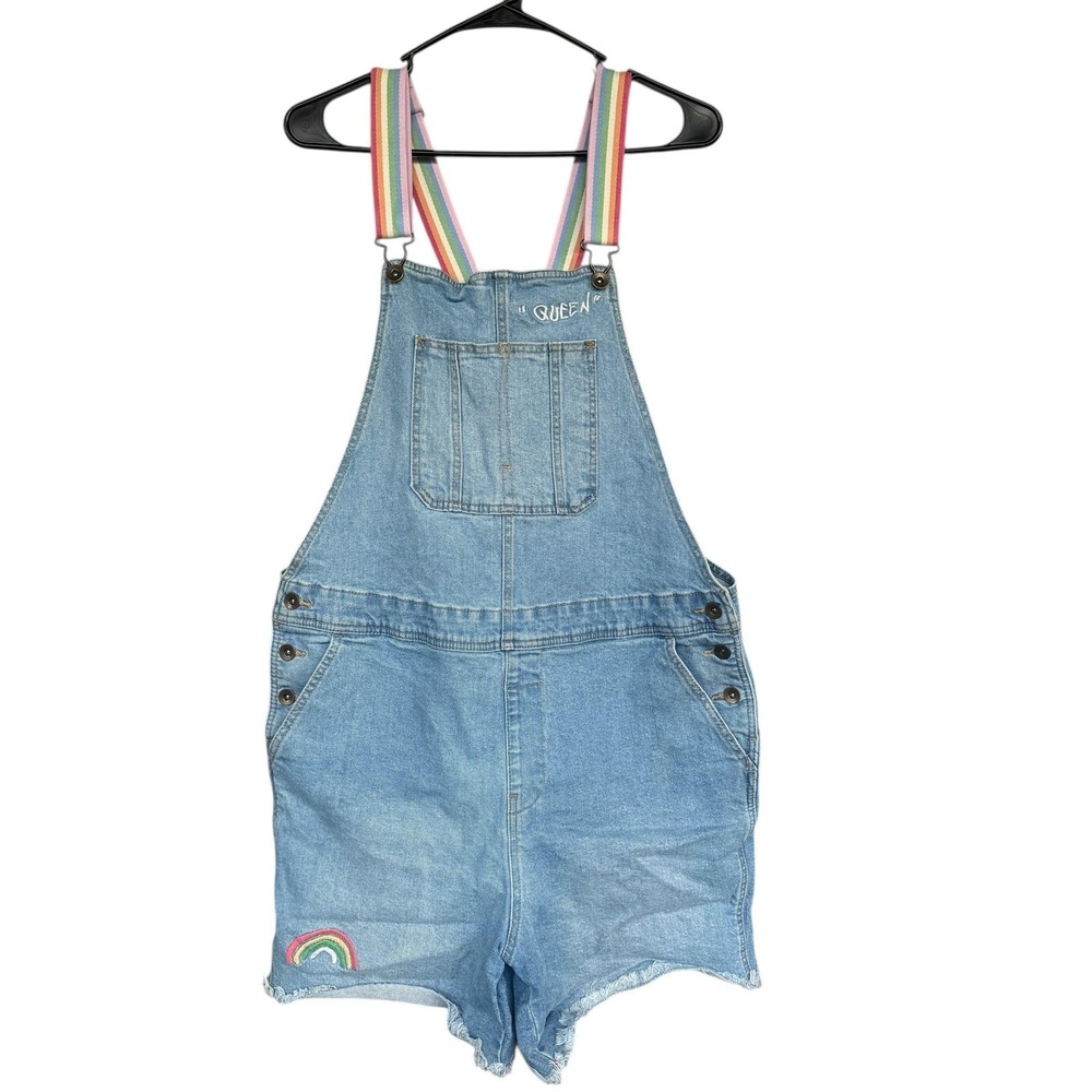 Target Overalls Womens Large Denim Shortalls Rainbow Straps Queen Embroidered